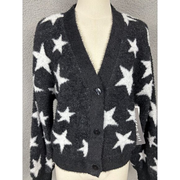 Madden Girl Juniors' Star Print Novelty Eyelash Button-Front Sweater Black M NWT - Picture 2 of 8
